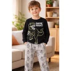 Pijama Infantil Masculino Inverno Game Night - Hey Kids Preto BRILHA NO ESCURO