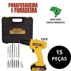 Parafusadeira Furadeira 12V Recarregável com Maleta e 15 Peças 127V Profissional e Doméstico