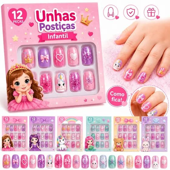 Unhas Postiças Infantil Autocolante Colorida Kit 12 Peças