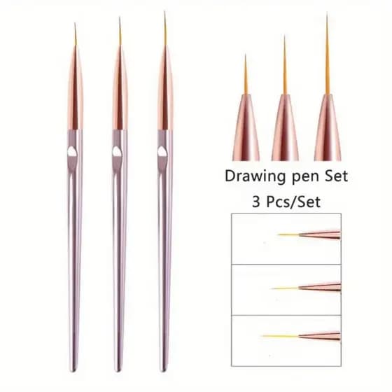 Kit de 3 Pinceis Fino para Decoração Unha Nail Art Rose Perolado Helen Color