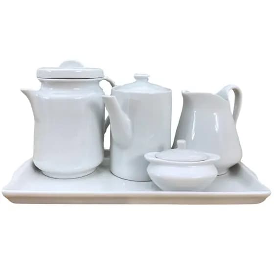 Jogo Café e Chá, Bandeja + Açucareiro barquinha 100ml + Bule bico longo 800ml + Leiteira 740ml + Bule cafeteira 1,1L - P