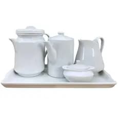 Jogo Café e Chá, Bandeja + Açucareiro barquinha 100ml + Bule bico longo 800ml + Leiteira 740ml + Bule cafeteira 1,1L - P