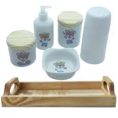 Kit higiene bebê Príncipe Ursinho 6 Pçs - Pçs porcelana tampas Pinus + garrafa térmica