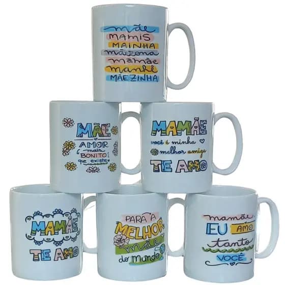Jogo 6 canecas 300ml Frases Mãe - Kit Porcelana - Decoração 1 lado