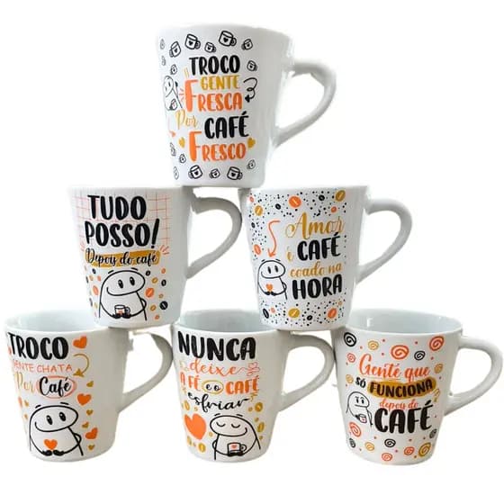 Caneca 130ml Porcelana café chá cappuccino Jogo 6 pçs Várias Estampas
