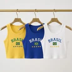 Cropped Canelado Regata Escrito Brasil Moda Verão Blusinha Regata Feminino Croped Top Curto Copa do Mundo