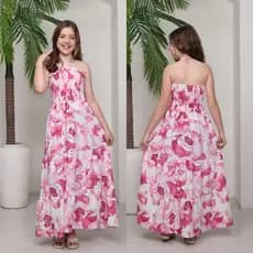Vestido Longo Infanto Juvenil Floral Estampado com Lastex Tamanhos 10 ao 16