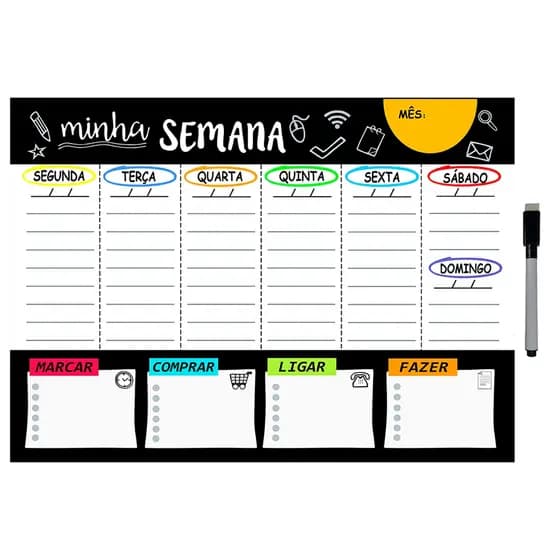 Quadro Planejador de Metal Semanal 20x26cm + Caneta Apagável – Planner de Parede - Organização e Tarefas