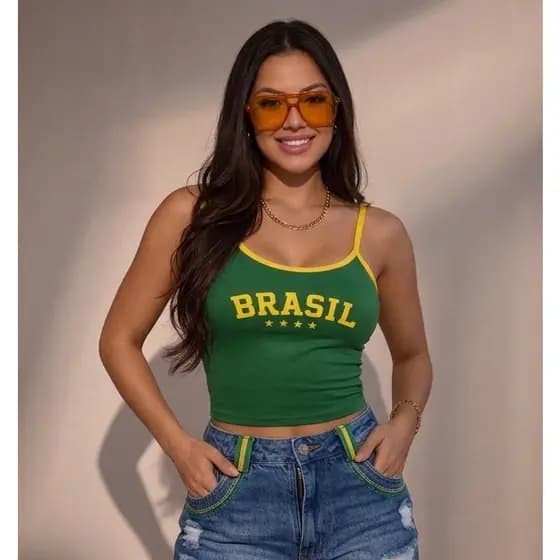 Regata Cropped Brasil Suplex Feminina Verde Alça Fina Tamanho único P ao M