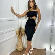 Vestido Tomara Que Caia Decote Reto com Argola Frontal Recortes Vazados na Cintura