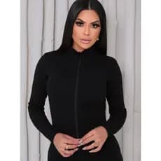Macacão Feminino Manga Longa Gringa Virginia Premium Ziper Liso Balada Blogueira Fitness Outono