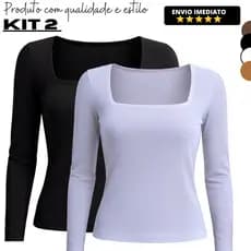 Kit 2 Blusa Feminina Manga Longa Decote Quadrado de Suplex Básica