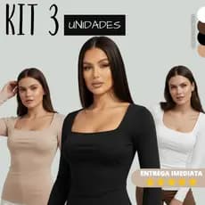 Kit 3 Blusa Feminina Manga Longa Suplex Decote Quadrado Suplex Toque de Poliamida Academia Proteção UV Segunda Pele