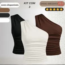 KIT 3 Blusa Feminina Elegante Nula Manga Ombro Único Com Franzido Assimétrica Casual