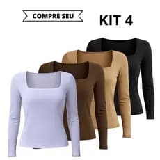 Kit 4 Blusa Feminina Manga Longa Decote Quadrado de Suplex Básica