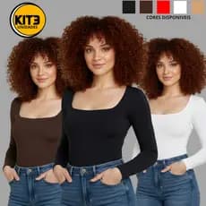 Kit 3 Blusas Feminina Manga Longa Decote Quadrado de Suplex Premium Básica