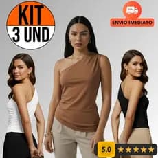 KIT 3 Blusinha Feminina Nula Manga Luxo Elegante Confortável Franzida Ombro Único Suplex Premium