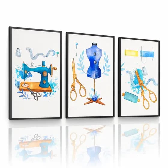 Kit Quadros Decorativos 3 Peças Máquina de Costurar Manequim Costureira Roupa Ateliê Design Estilo