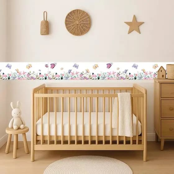 Faixa Adesivo de Parede Infantil Borboletas, Jardim , Papel De Parede Infantil Quarto Menina, Floral