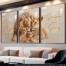 Quadros Decorativos 3 Peças Leão Família Frase Fé Religioso Para Sala União