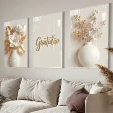kit 3 Quadros Decorativos Trio Gratidão Fé Flores Vasos Para Sala Moderno Dourado Grande