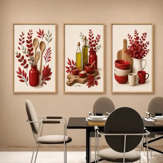 Kit 3 Quadros Decorativos Cozinha Gourmet Utensílios e Temperos Moderno Parede Sala Jantar p