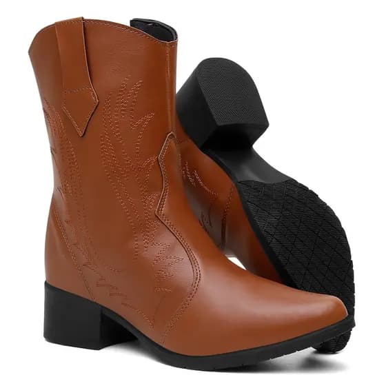 Bota Feminina Cano Curto Salto Grosso Country Bordada Texana