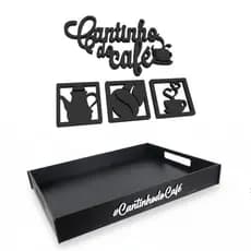 Bandeja Decorativa Preta Decoração de Cozinha Cantinho Do Café Grande Placa 4 Peças Madeira Mdf