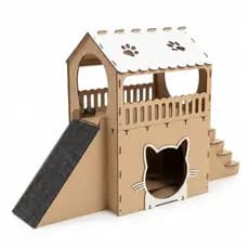 Casinha para Gatos 2 Andares MDF com Carpete – Toca + Arranhador + Rampa | Playground 67cm