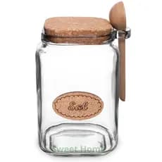 Saleiro Vidro 650g com Colher Madeira Tampa Rolha Cortiça Pote Sal Cozinha Mesa Posta Hermético Elegante