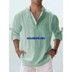 [MAOINGMEN] Camiseta Masculina de linho com gola alta e manga comprida,Cor sólida manga comprida algodão e camisa de lin