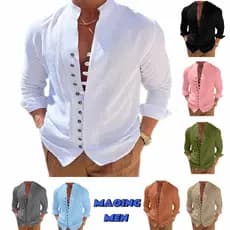 【MAOINGMEN】 Camisa Masculina Vintage De Algodão E Linho Casual De Manga Comprida Solta Moda De Rua Camisas Com Botões Ro