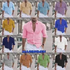 [MAOINGMEN] Novo estilo masculino verão algodão linho lapela camisa beira-mar praia férias camisa havaiana cor sólida ma