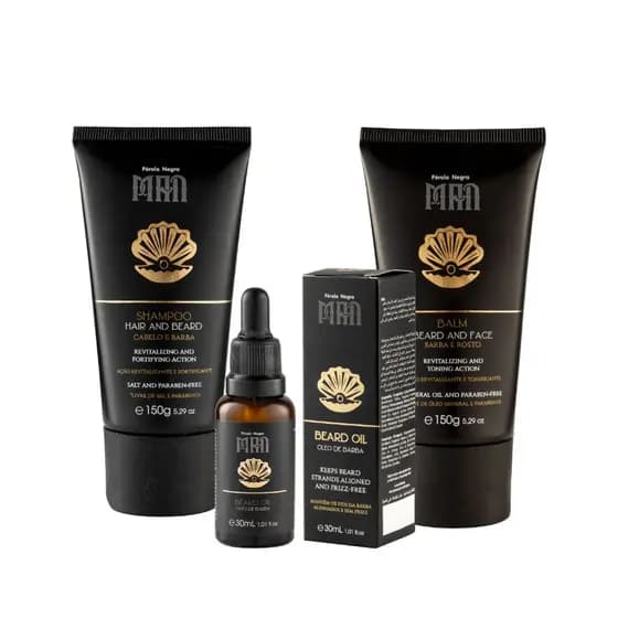 Kit Masculino Barba & Cabelo & Rosto - Shampoo 150ml, Óleo de Barba 30ml, Bálsamo 150ml - Pérola Negra