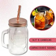 Kit 5 Canecas de Vidro Retrô Rosê Vintage 500ML Com Canudo e Tampa