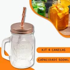 Kit 4 Canecas de Vidro Retrô Rosê Vintage 500ML Com Canudo e Tampa