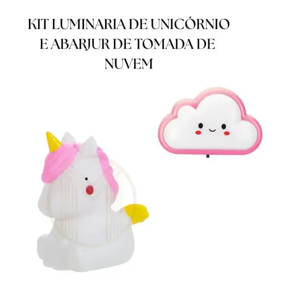 Kit Luminaria de unicornio e Abajur de tomada de Nuvem Led Quarto Infantil
