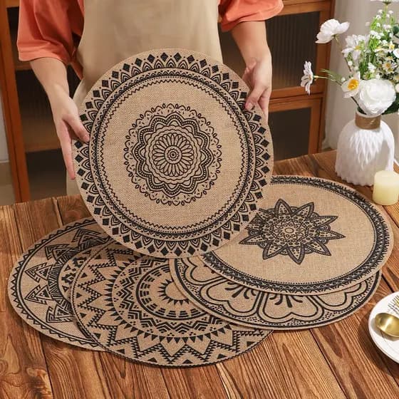 Jogo Americano Redondo Mandala em Estilo Nórdico Antiderrapante e Resistente ao Calor, Ideal para Decoração de Mesa