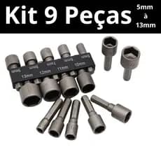 Jogo Soquete Canhão Sextavado para Parafusadeira Furadeira Kit 9 Peças 5mm a 13mm