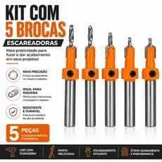 Kit 5 Brocas Escareadoras Para Madeira MDF Rebaixo de Parafuso