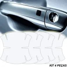 JOGO KIT CONJUNTO DE 4 PEÇAS APLIQUE PROTETOR ADESIVO TRANSPARENTE FIBRA DE CARBONO E AÇO ESCOVADO PARA MAÇANETA MODELO CONCHA ANTE RISCO COM NOME DA MONTADORA OU SEM NOME DA MONTADORA