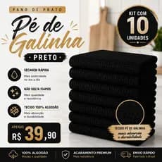 Kit 10 Pano de Prato Preto Pé de Galinha