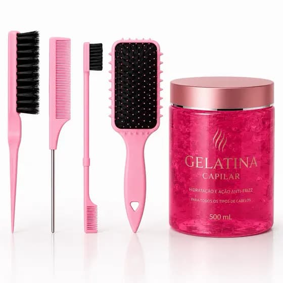 Kit Super definição com Gelatina Capilar 500ml + Escova de Fitagem + Pente de Cabo + Escova Baby Hair