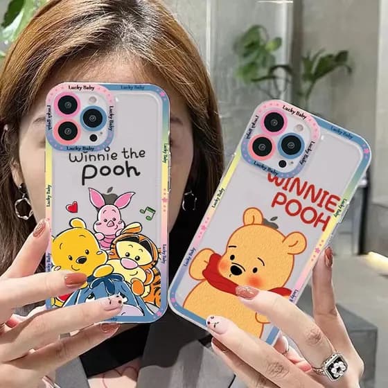 Disney Cute Winnie the Pooh Deluxe Casal De Olhos De Anjo De Luxo IPhone 15 14 13 12 PRO Mini 11 Max Xs XR 6 7 8 Plus Estojo Macio À Prova De Choque Para Câmera TPU