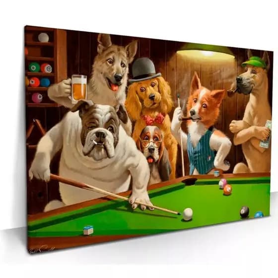 Quadro Decorativo Cachorros Jogando Sinuca Para Bar Cozinha Area Gourmet Chácara 4k