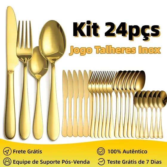 Kit 24 Jogo De Talheres Para Bife Aço Inoxidável Dourados Com Colher Pequena