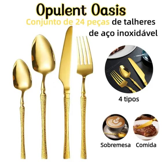 Kit 24 Jogo De Talheres Aço Inoxidável Cintura Fina Textura Dourado