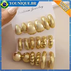 Conjunto de 9 pares de brincos dourados brincos geométricos torcidos em metal cores resistentes ao desbotamento