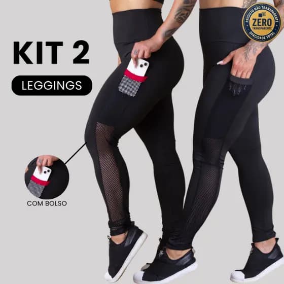KIT 2 Calça Feminina Legging Cintura Alta Com Bolso Tela Lateral Academia GJR Modas