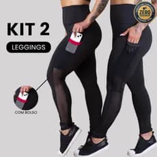 KIT 2 Calça Feminina Legging Cintura Alta Com Bolso Tela Lateral Academia GJR Modas